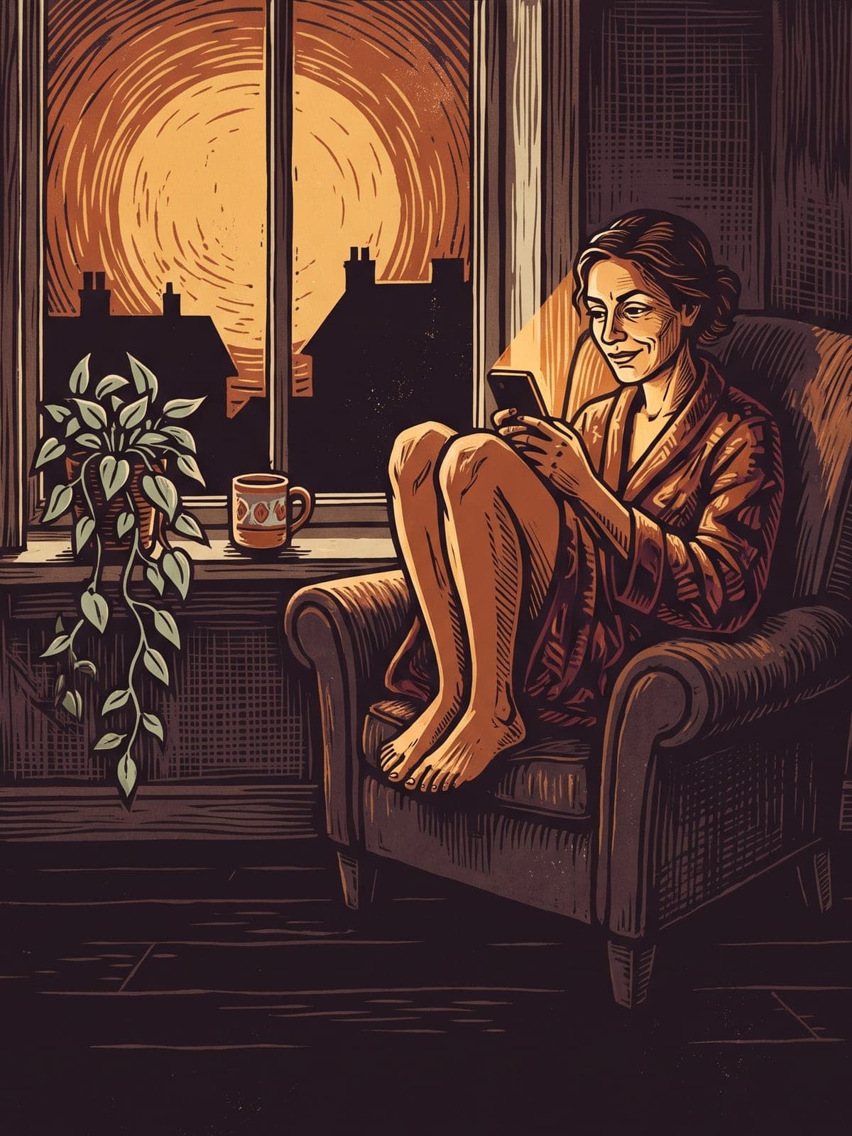 Linocut print of a woman curled in an armchair at night, reading her phone by the light of a full moon.